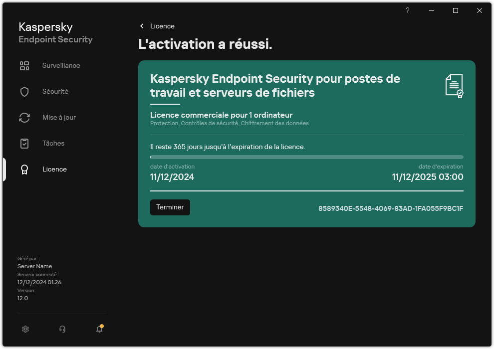 La fenêtre contient des informations sur la licence&nbsp;: date d'expiration, fonctions disponibles et autres informations.