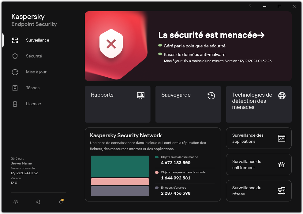 Fenêtre principale de l'application en cas de menaces non traitées. Le message «&nbsp;La sécurité est menacée&nbsp;» s'affiche.
