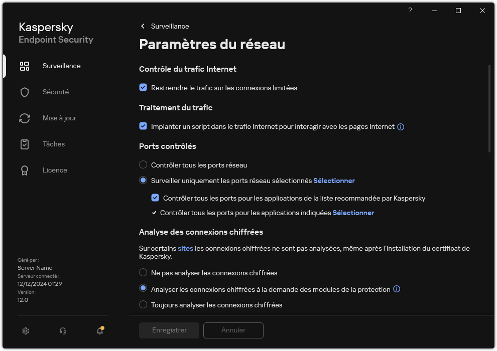 Fenêtre des paramètres réseau des applications.