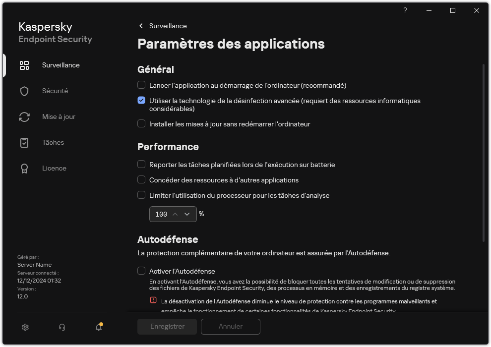 Fenêtre des paramètres de l'application. L'utilisateur peut configurer les performances, l'autodéfense ainsi que d'autres paramètres.