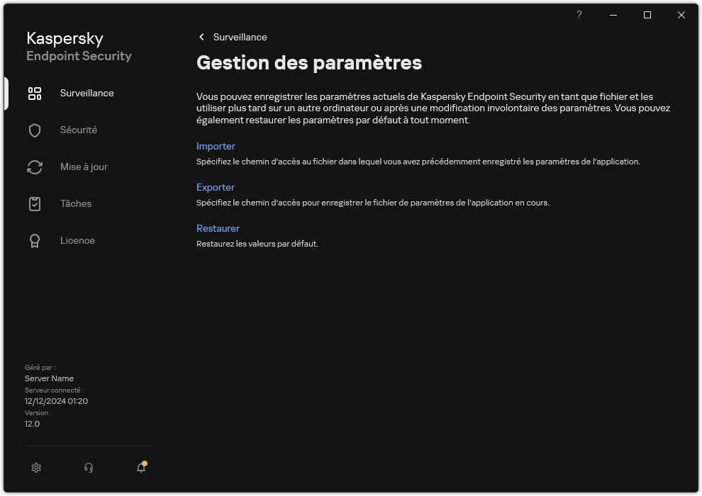 Fenêtre des paramètres d'exclusion. L'utilisateur peut exporter, importer ou restaurer les paramètres de l'application.