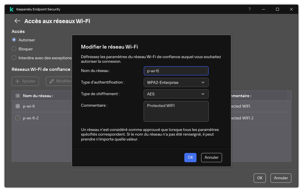 La fenêtre contient les paramètres du réseau Wi-Fi de confiance.