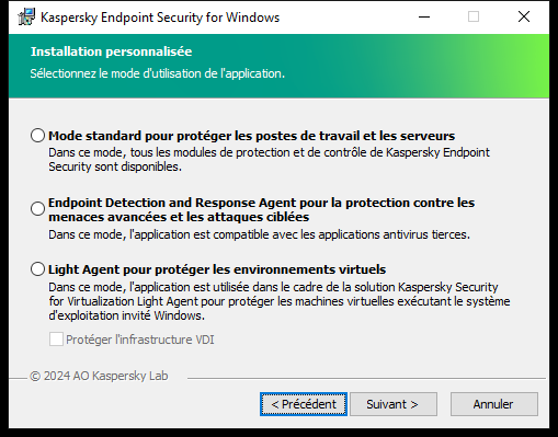 Fenêtre du programme d'installation avec configuration de l'application&nbsp;: fonctionnalités complètes ou Endpoint Detection and Response Agent.
