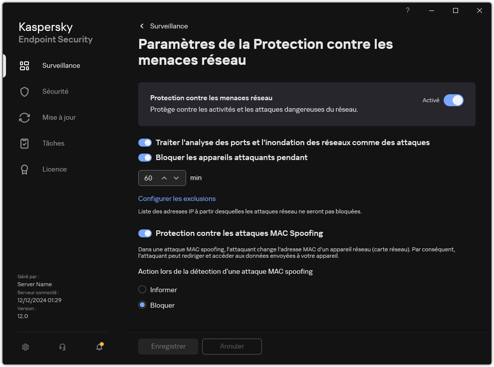 Fenêtre des paramètres de la Protection contre les menaces réseau