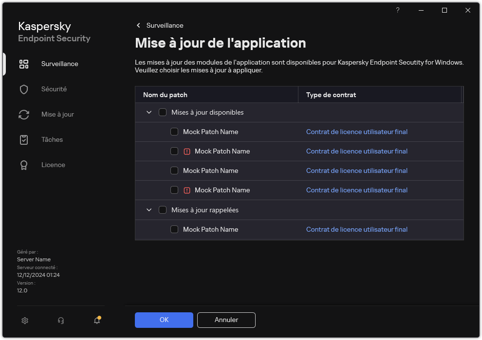 Fenêtre avec la liste des correctifs disponibles. L'utilisateur peut sélectionner les correctifs et accepter les conditions générales des accords.