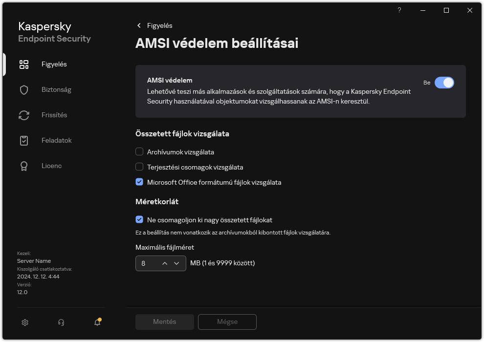AMSI védelem beállításai ablak.