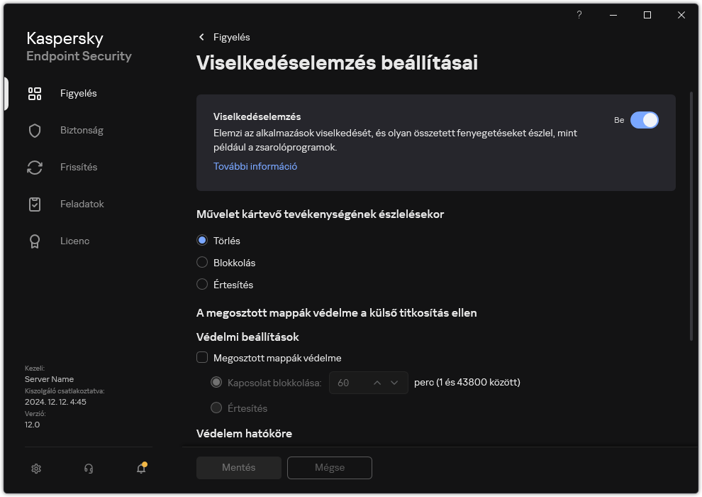Viselkedésészlelés beállításainak ablaka.