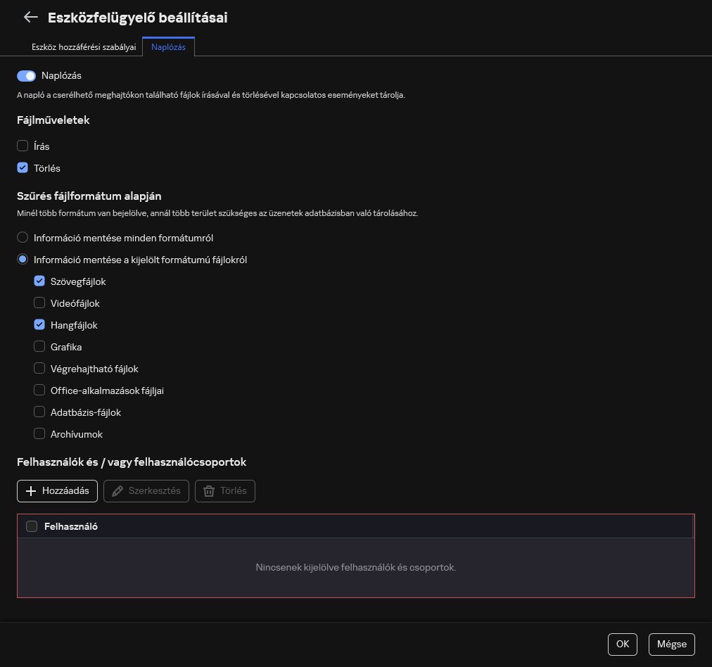 A cserélhető meghajtók használatával kapcsolatos események naplózásának konfigurálására szolgáló ablak. A felhasználó kiválaszthatja a naplózandó eseményeket.