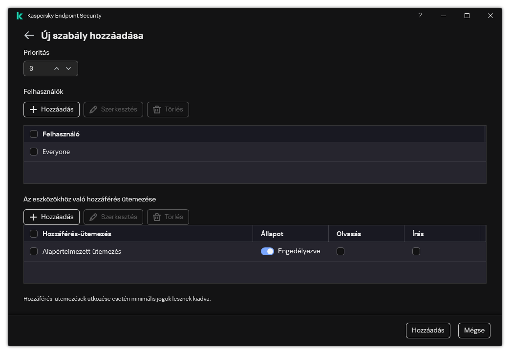 Eszközfelügyelői szabály konfigurációs ablaka. A felhasználó hozzárendelheti a szabály prioritását, felhasználókat vehet fel a szabályhoz, és beállíthatja a szabály ütemezését.