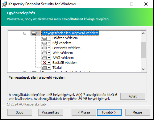 Telepítőablak azon összetevők listájával, amelyeket a felhasználó kiválaszthat.