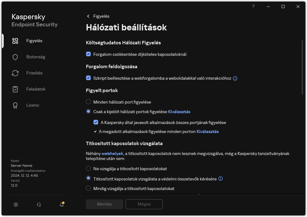 Alkalmazások hálózati beállításainak ablaka.