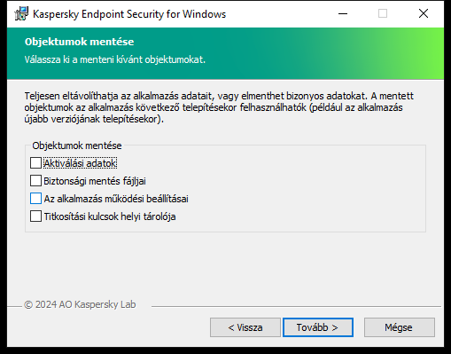 Telepítőablak az alkalmazás eltávolítása után menthető objektumok listájával.