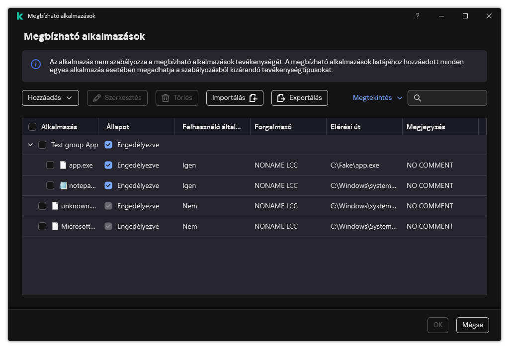 Egy ablak a megbízható alkalmazások listájával. A felhasználó hozzáadhat, szerkeszthet vagy eltávolíthat megbízható alkalmazásokat.