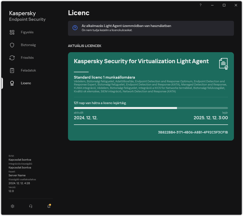 A licencinformációkat tartalmazó ablak.