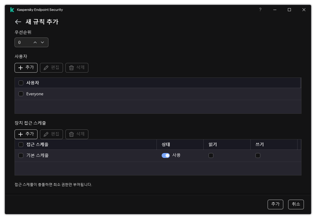 장치 제어 규칙 구성 창. 사용자가 규칙의 우선 순위를 지정하거나 규칙에 사용자를 추가하거나 규칙 스케줄을 설정할 수 있습니다.