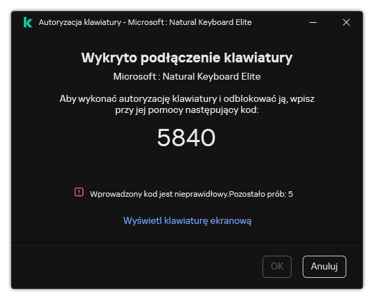 Okno z kodem autoryzacyjnym klawiatury. Użytkownik może aktywować klawiaturę ekranową i wprowadzić kod.