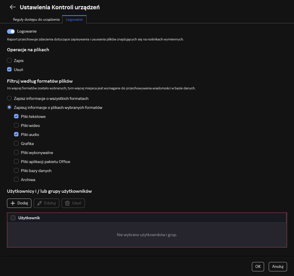 Okno do konfiguracji rejestrowania zdarzeń dotyczących użycia dysków wymiennych. Użytkownik może wybrać zdarzenia, które mają być rejestrowane.