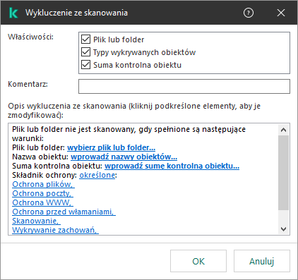 Okno z narzędziami wyboru wykluczeń. Użytkownik może wybrać plik lub folder, wprowadzić nazwę obiektu lub sumę kontrolna.