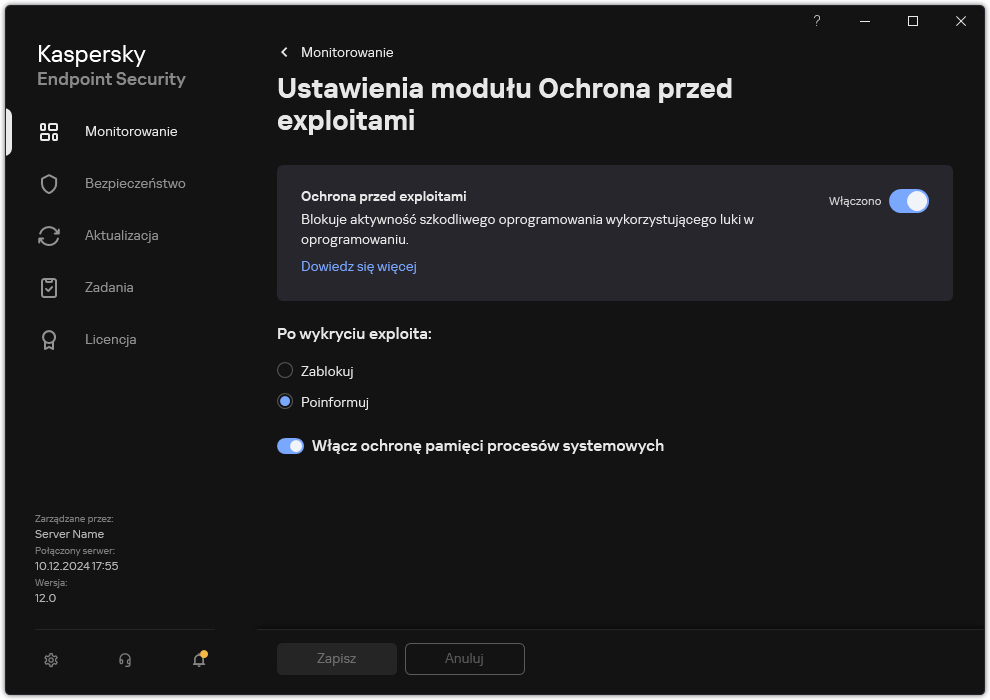 Okno ustawień modułu Ochrona przed exploitami