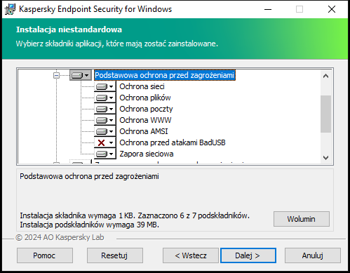 Okno instalatora z listą komponentów, które użytkownik może wybrać.