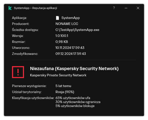 Okno zawiera informacje o reputacji pliku oraz inne dane, takie jak obecność podpisu cyfrowego.