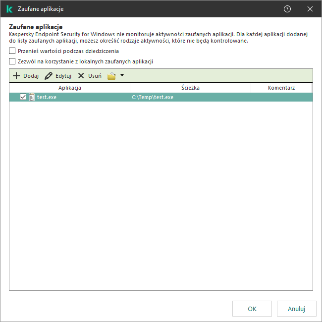 Okno z listą zaufanych aplikacji. Użytkownik może dodawać, edytować lub usuwać zaufaną aplikację.