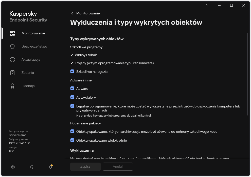 Okno ustawień wykluczeń. Użytkownik może wybrać typy wykrywanych obiektów oraz dodawać obiekty do wykluczeń.