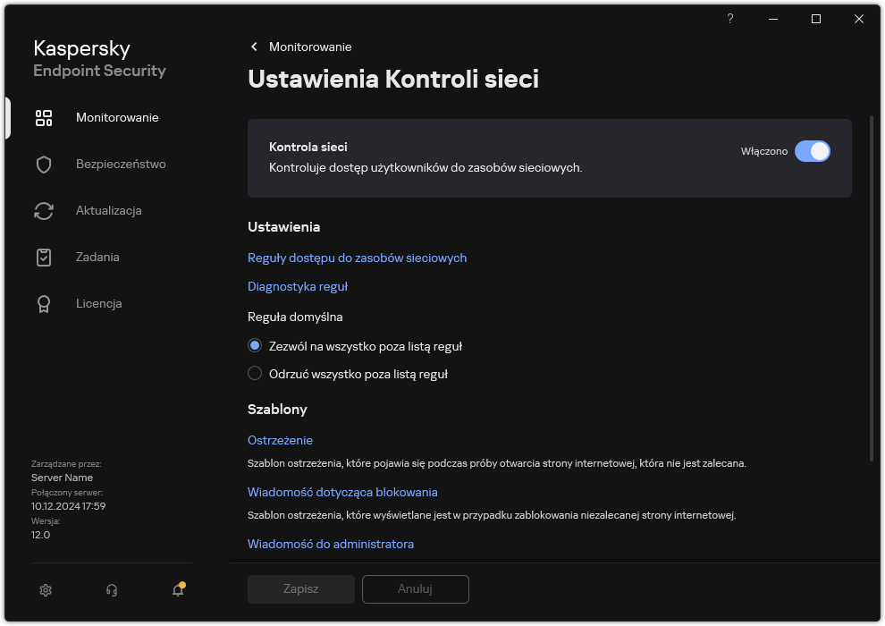 Okno ustawień Kontrola sieci.
