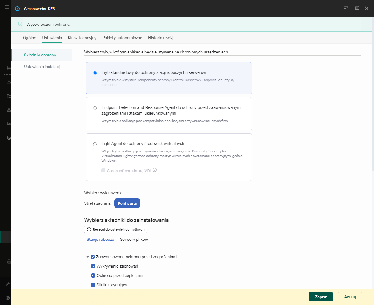 Okno właściwości pakietu instalacyjnego. Możesz wybrać, które składniki aplikacji chcesz uwzględnić.