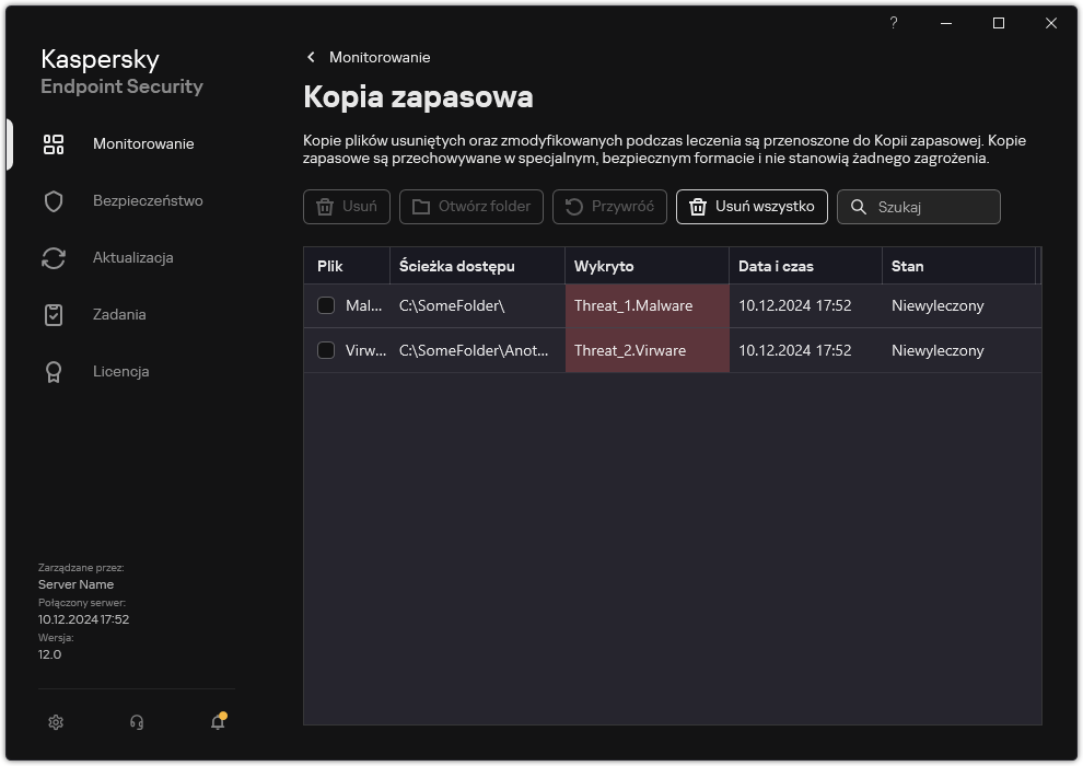 Okno kopii zapasowej.