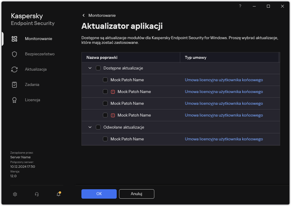 Okno z listą dostępnych poprawek. Użytkownik może dokonać wyboru poprawek i zaakceptować warunki umów.