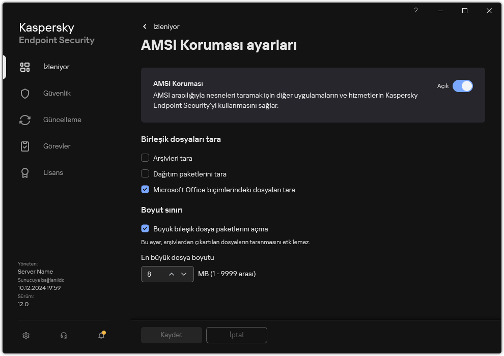 AMSI Koruma ayarları penceresi.