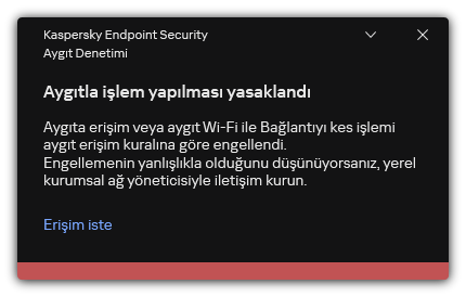 Engellenen bir Wi-Fi bağlantısı hakkında bildirim. Kullanıcı, Wi-Fi ağına bağlanmak için bir istek oluşturabilir.