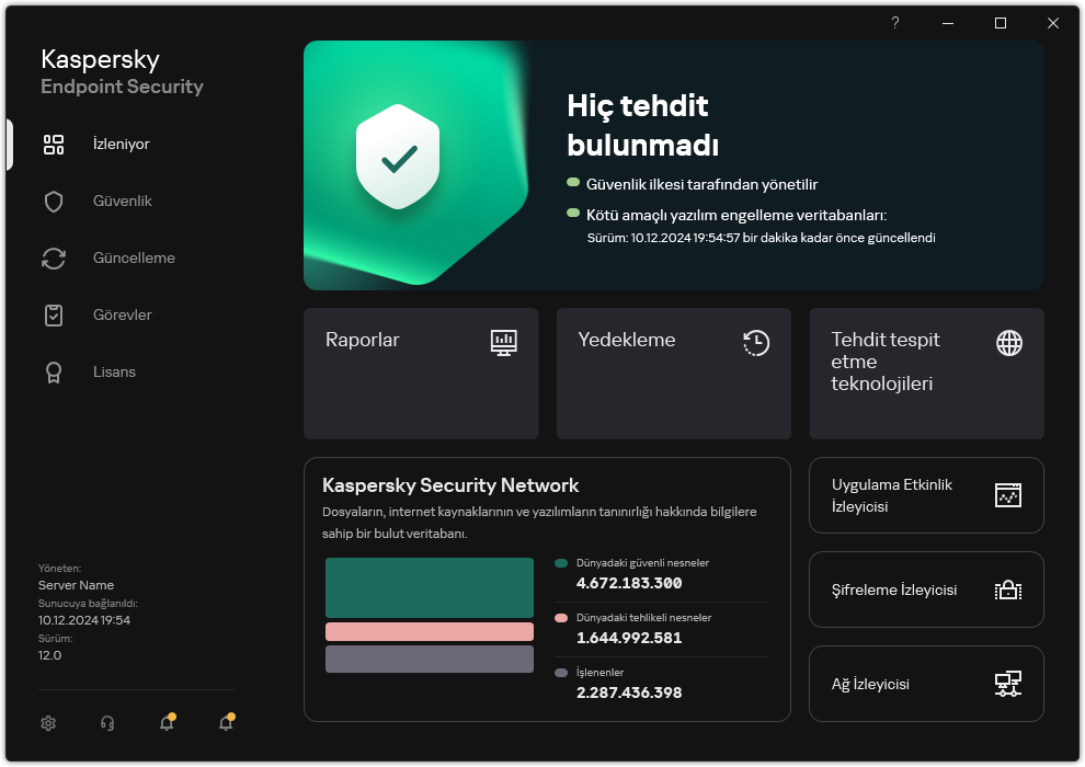Ana uygulama penceresi, bilgisayar güvenliği izleme ve uygulama kontrolü için bölümler içerir.