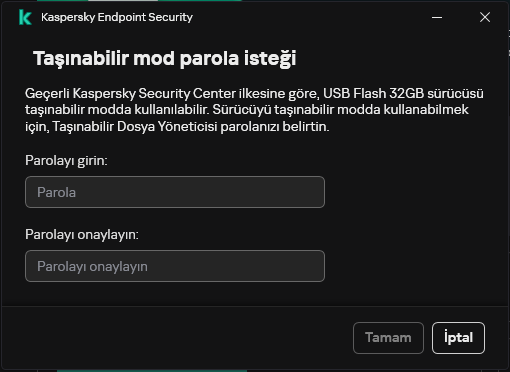 Pencere, parolanın girilmesi ve onaylanması için alanlar içerir.