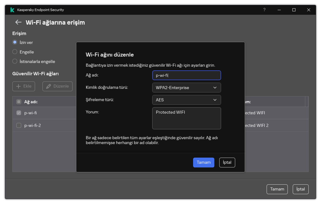 Pencere, güvenilir Wi-Fi ağının ayarlarını içerir.