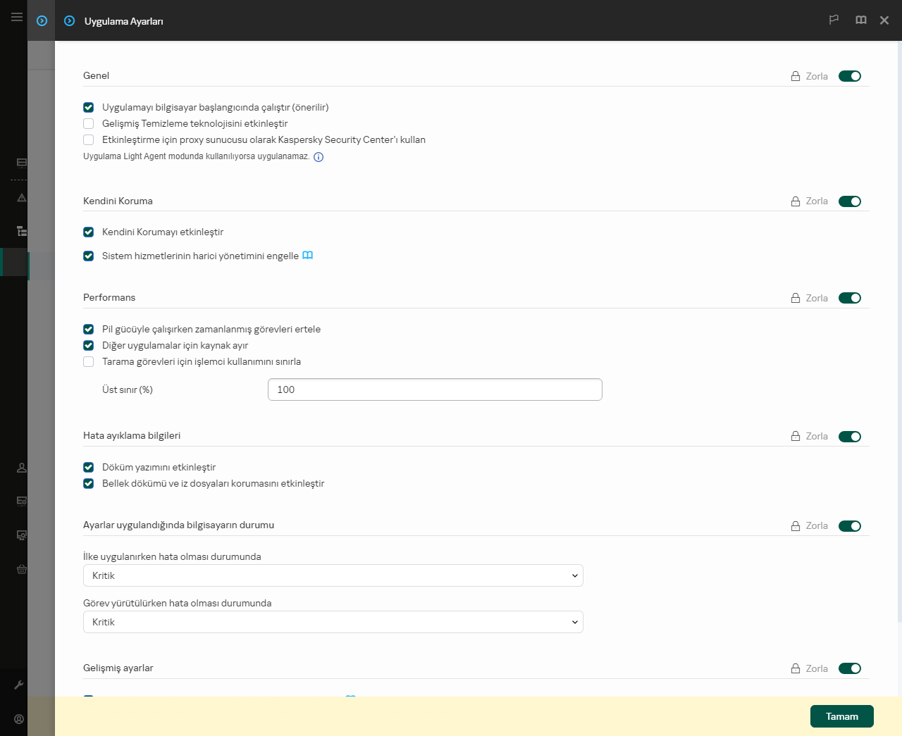 Uygulama ayarları penceresi. Kullanıcı performans, kendini savunma ve diğer ayarları yapılandırabilir.