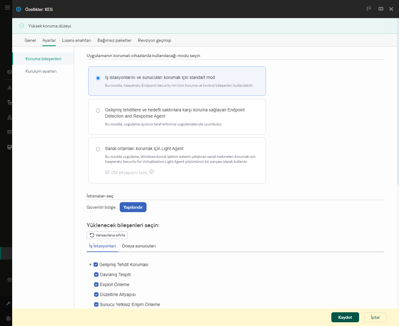 Kurulum paketi özellikleri penceresi. Hangi uygulama bileşenlerini dahil etmek istediğinizi seçebilirsiniz.