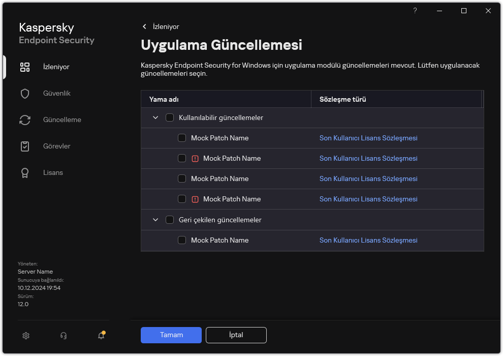 Kullanılabilir yamaların listesini içeren pencere. Kullanıcı yamaları seçebilir ve anlaşmaların hüküm ve koşullarını kabul edebilir.