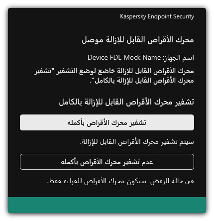إخطار عن محرك أقراص متصل مع تمكين تشفير الملفات. ويستطيع المستخدم تشفير الملفات أو رفضها.