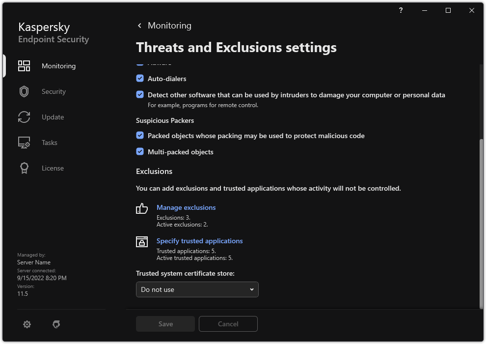 Exclusion settings window. The user can add exclusions and trusted applications.