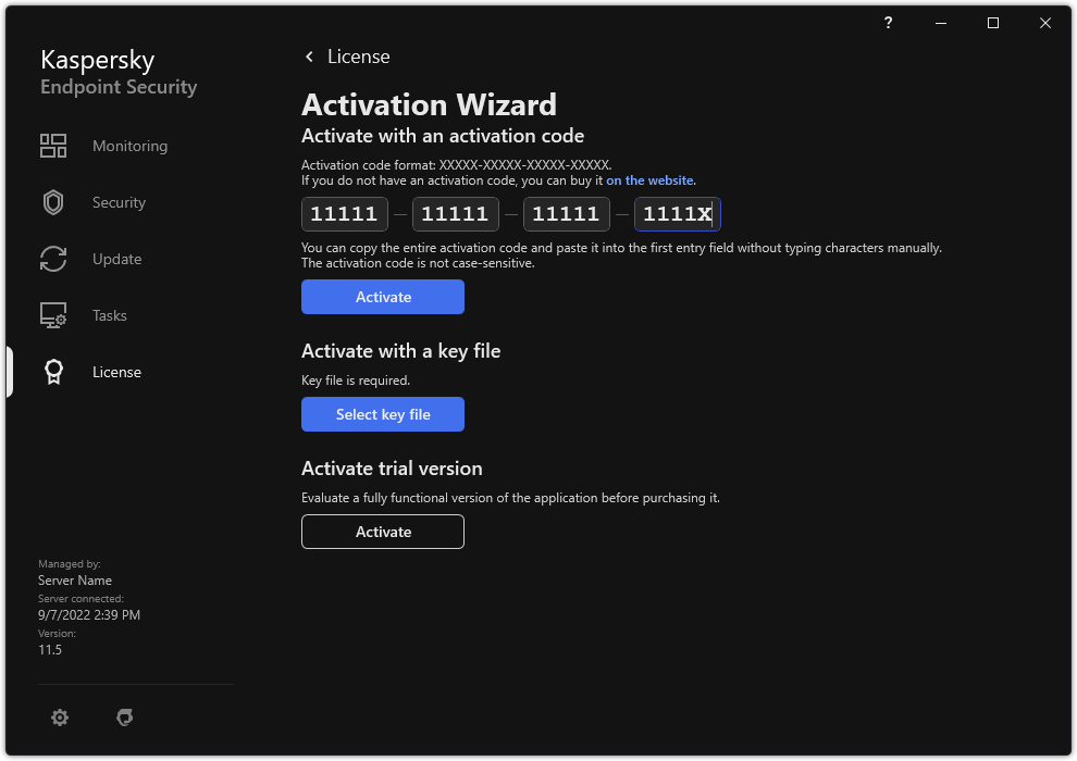 Window with the application activation tools. The user can enter an activation code or select a key file.