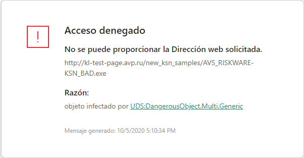 Notificación de Kaspersky sobre cómo evitar que un objeto malicioso se cargue en la ventana del navegador.