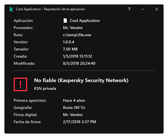 La ventana contiene información sobre la reputación del archivo y otros datos, como la presencia de una firma digital.