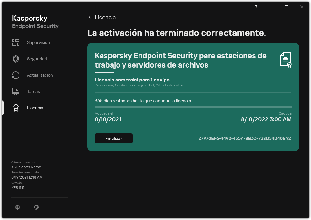 La ventana contiene información sobre la licencia: fecha de caducidad, funciones disponibles y otra información.