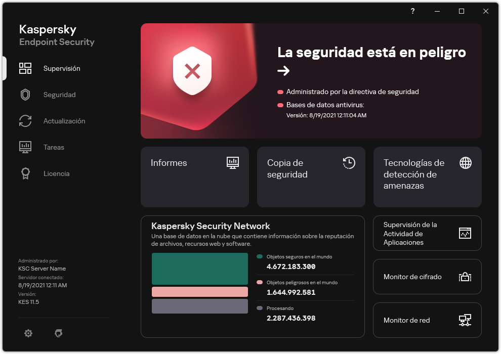 Ventana principal de la aplicación cuando hay amenazas sin procesar. Aparece el mensaje "La seguridad está en peligro".