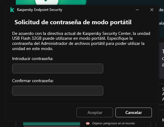 La ventana contiene campos para introducir y confirmar la contraseña.