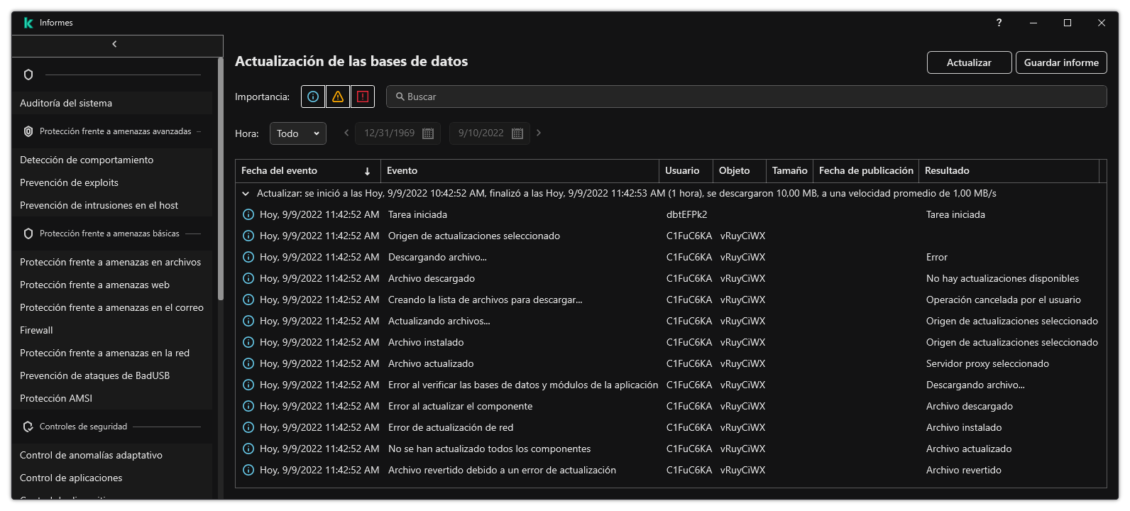 Una ventana con la lista de eventos del informe. El usuario puede filtrar/ordenar eventos y guardar informes en un archivo.