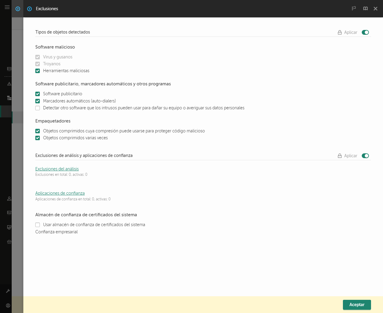 Ventana de configuración de exclusiones. El usuario puede añadir exclusiones y aplicaciones de confianza.