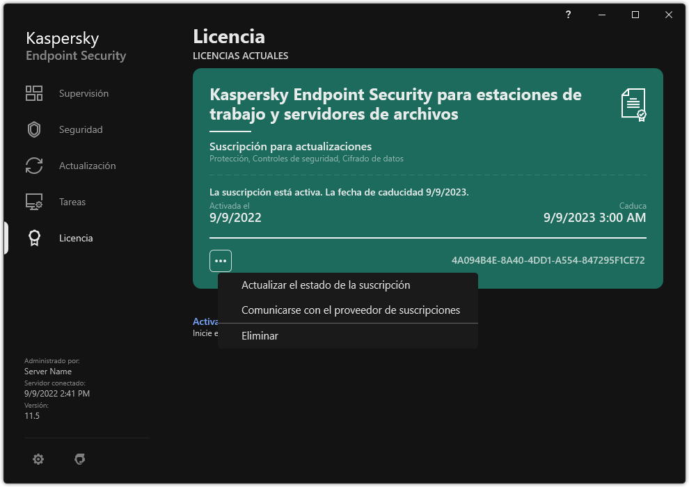 La ventana con información acerca de la licencia. El usuario puede actualizar el estado de la suscripción, ponerse en contacto con el proveedor de la suscripción o eliminar la licencia.